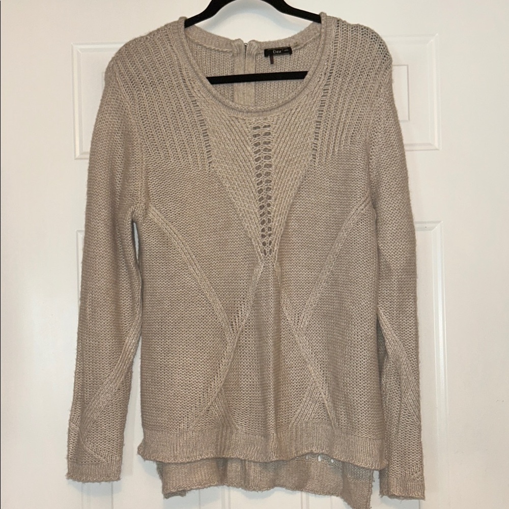 Dex Roll Neck Sweater L Tan Open Knit Detail Hi/Low Hem Casual Classic